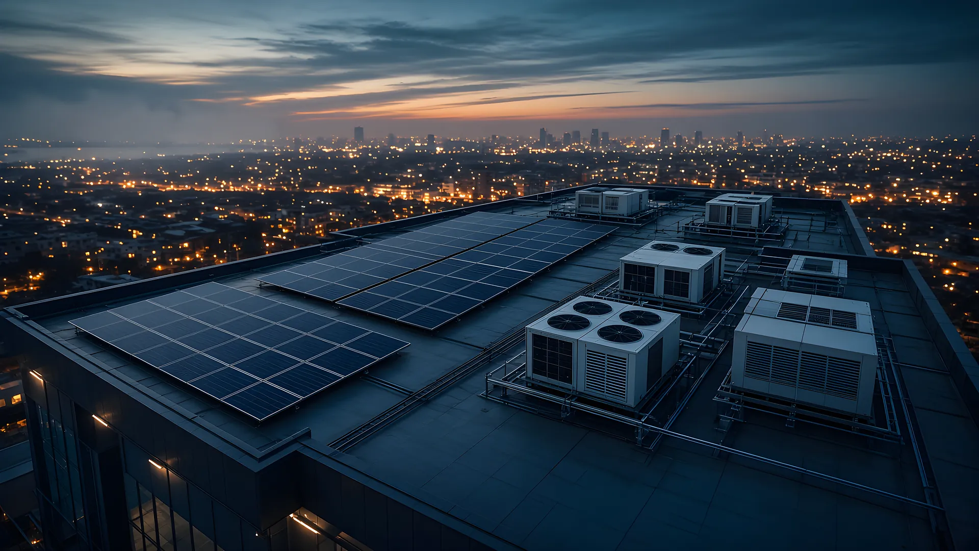 Copertura con fotovoltaico e pompe di calore al crepuscolo