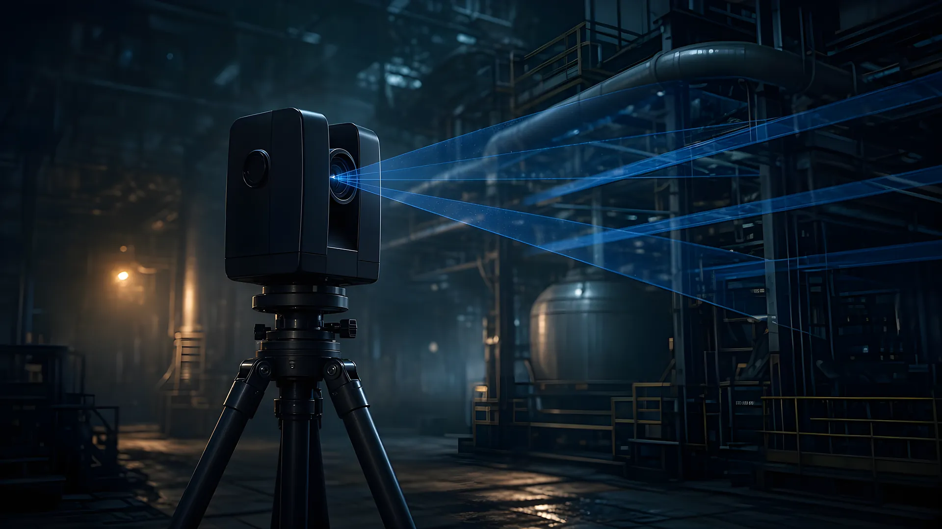 Laser scanner su treppiede in un impianto industriale